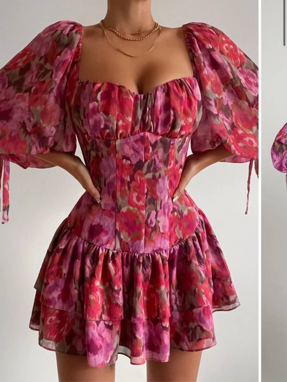 Showpo clabelle mini puff sleeve tiered ruffle hem sweetheart floral pink red